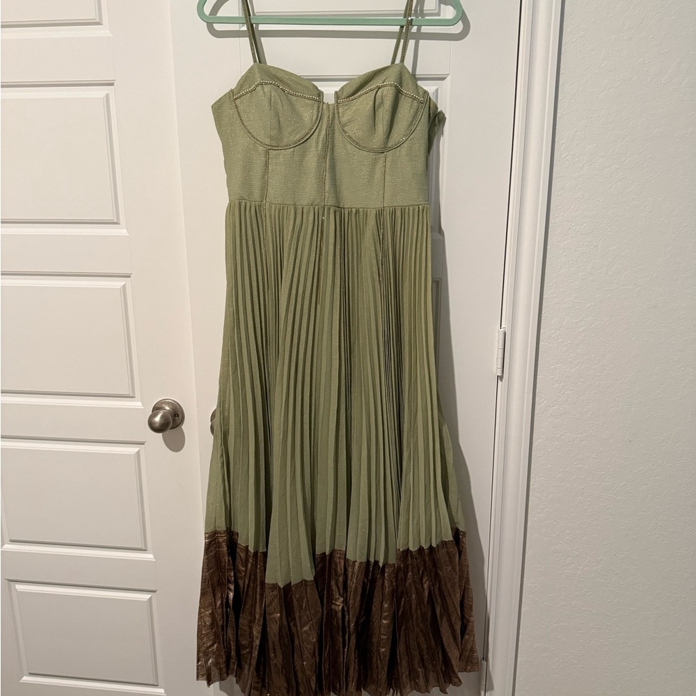 Anthropologie Olive Green Maxi Dress with Bronze Hem